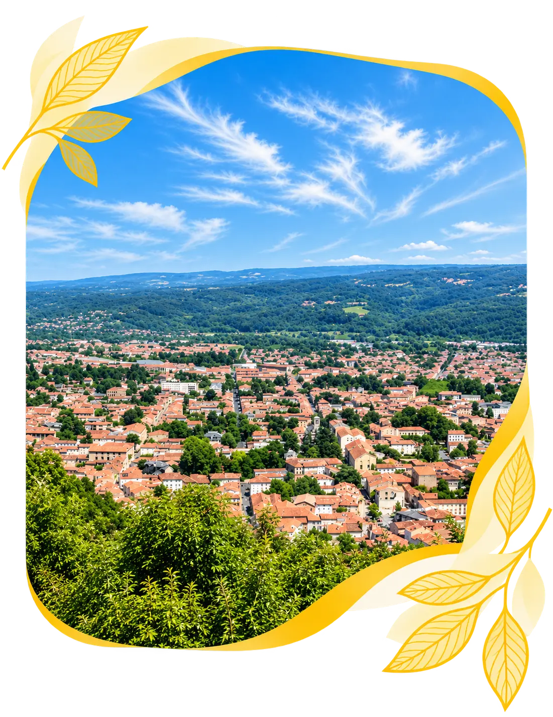 Cadre floral doré sur panorama Mazamet